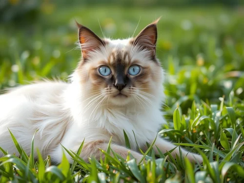 AI generated fluffy seal point cat with blue eyes in green grass field