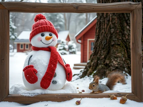 AI generated winter scene with cheerful snowman wearing red hat and scarf